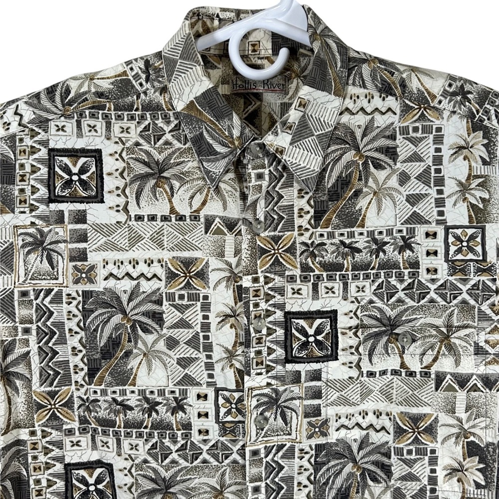 Hollis River Mens Large Brown Geometric Palm Tree Tropical Hawaiian Button Down